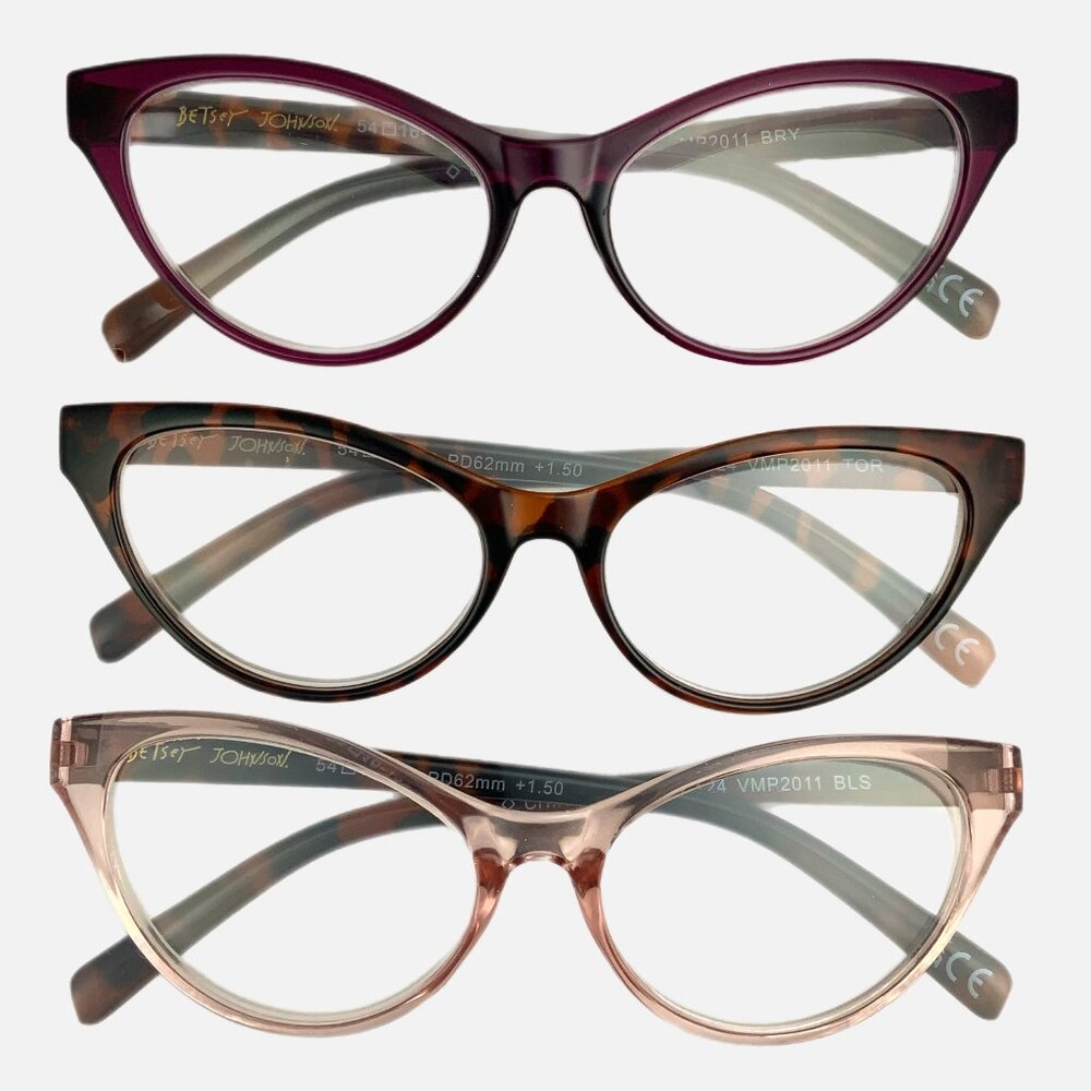 NIP! Betsey Johnson 3 pack Reading Glasses Cat Eye Black Tortoise Berry +1.50